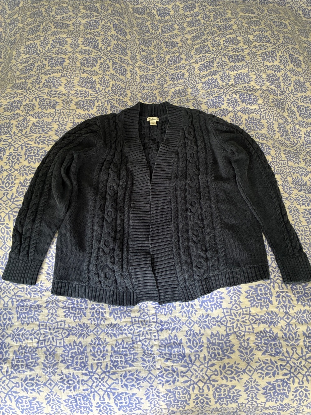 L.L. Bean Blue Cable-Knit Open-Front Cardigan